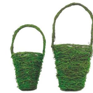 May include: Two green moss baskets with handles. The baskets are made of woven moss and are different sizes.