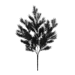 May include: A single, artificial black pine branch against a white background. The branch has many small, needle-like leaves and a dark brown stem. The overall shape is symmetrical, with the leaves fanning out from the center.