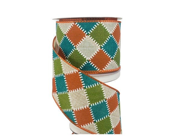 2.5"x10YD Fall Stitch Check Wired Ribbon-Teal/Moss/Orange/Natural,Wreath Supplies,Craft Supplies,Fall wired ribbon,Teal ribbon(61101-40-33)