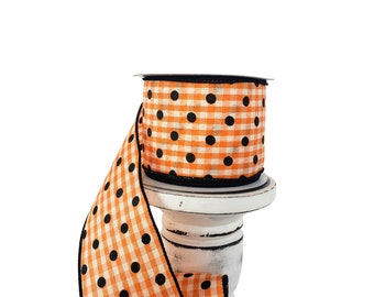 Vibrant Polka Dot Gingham Wired Ribbon - 2.5"x10yd - Orange, Ivory, Black-RG0199920