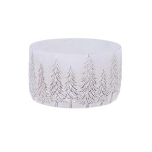 May include: A white, cylindrical candle holder with a forest of evergreen trees etched around the exterior. The trees are a muted brown color, and the holder has a slightly textured surface. The design is simple and evokes a winter theme.
