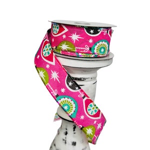 1.5"x10YD Pink Linen/Grey Retro Ornaments Wired Ribbon,Christmas ornament ribbon,Candy land Christmas ribbon,71012-09-44