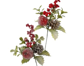 Crystal Fruit Berry Pinecone Picks Set of 2 - Frosted Holly Christmas - 7.5 Inch long-MTX77258