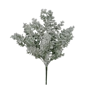 May include: A bundle of artificial eucalyptus stems with small, round, dusty green leaves. The leaves are clustered together, creating a full, textured appearance. The stems are a dark green color and are suitable for floral arrangements and home decor.