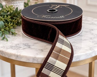 Farrisilk 1.5" Chocolate Beige Plaid Plush Velvet Wired Ribbon-RM004-08