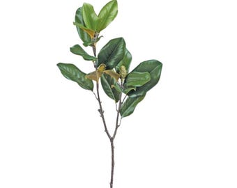May include: A faux magnolia stem with large, glossy green leaves and small, unopened buds. The leaves have a deep green hue, and the stem is a natural brown color. This artificial plant is ideal for home decor.