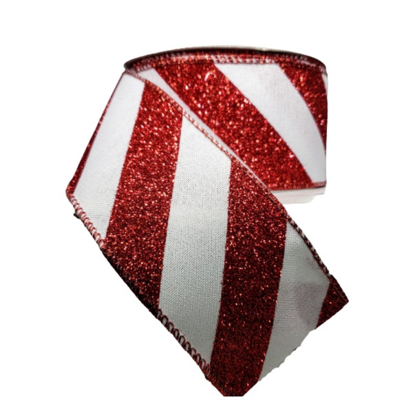 351589-2.5x10YD blanco rojo brillo rayado de Navidad cinta cableada, suministros de la corona, suministros de artesanía, cinta de Navidad, cinta de Navidad rayado