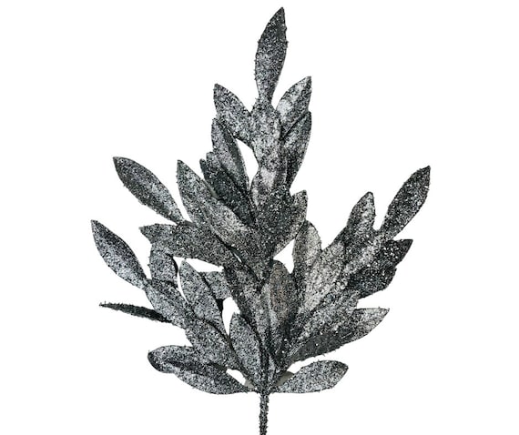 XS618226-23" Silver Glitter Bay Leaf Spray,Silver Glitter Sprays,Silver Glitter Christmas Tree Sprays,Silver Sprays for Wreaths,Silver picks