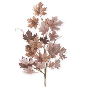 May include: A decorative artificial branch featuring multiple maple leaves in varying shades of muted brown, tan, and dusty mauve. The leaves are arranged along a central stem, displaying detailed veining and serrated edges throughout the foliage.