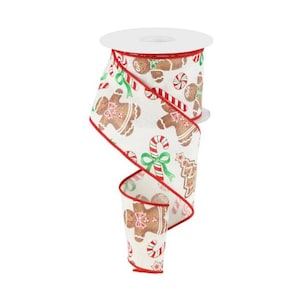 Gingerbread Christmas Ribbon 2.5&quot;x10yd | Cotton Burlap Wired Holiday Ribbon | Gingerbread Man & Candy Cane Bow Ribbon-RG0185837