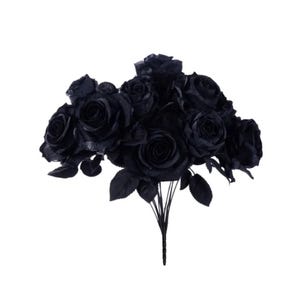 May include: A bouquet of black roses with dark green leaves. The roses are in full bloom, with multiple layers of petals. The stems are bundled together, creating a dense arrangement. The background is plain white.