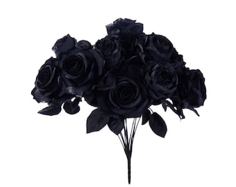 Black Rose Bush 20" – Artificial Fabric Roses & Rose Buds for Gothic Wedding, Halloween, Floral Arrangements and Home Decor-FN171902