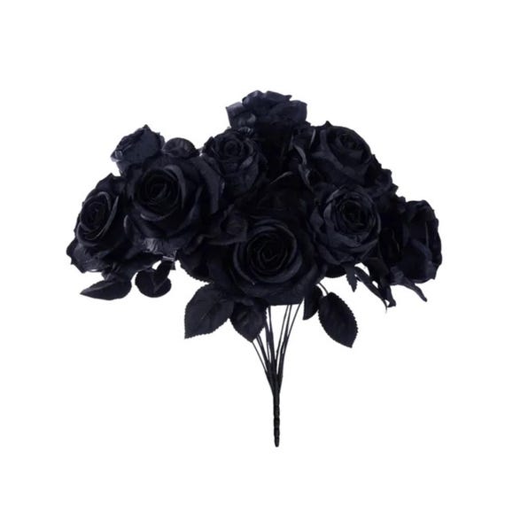 Black Rose Bush 20" – Artificial Fabric Roses & Rose Buds for Gothic Wedding, Halloween, Floral Arrangements and Home Decor-FN171902