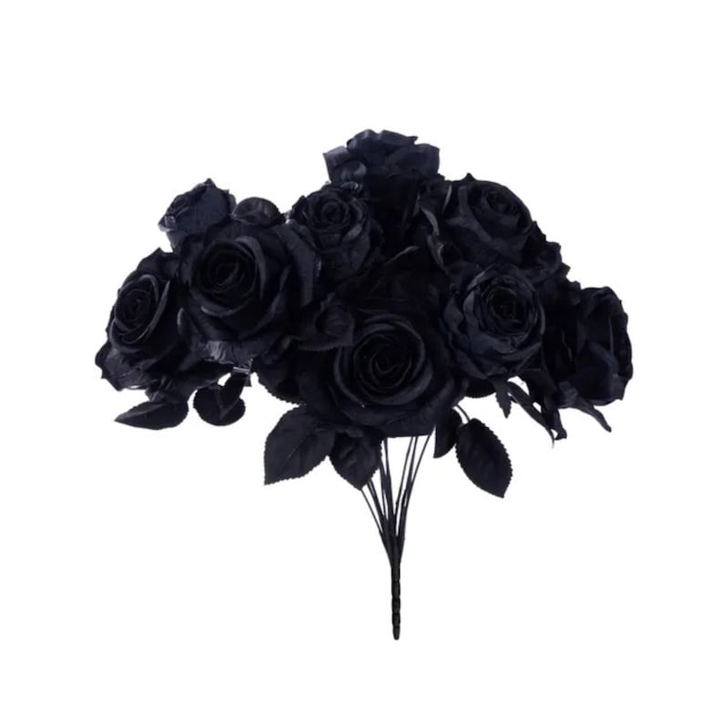 May include: A bouquet of black roses with dark green leaves. The roses are in full bloom, with multiple layers of petals. The stems are bundled together, creating a dense arrangement. The background is plain white.