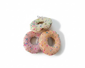 Set of 3 Donut Ornaments, Faux Sprinkle Donut Decor, Pink Peach White Foam Dessert Ornaments for Tree, Garland or Tiered Tray-104458