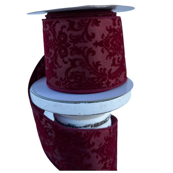 RG115405-2.5"x10YD Flocked Damask-Burgundy,Christmas Flocked 2.5 inch wired ribbon,Burgundy Christmas ribbon,Red flocked Christmas ribbon