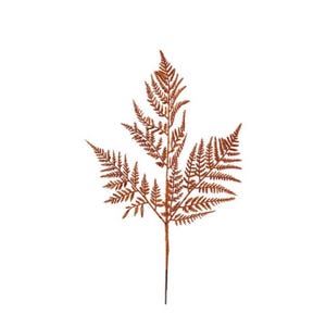 May include: A single, artificial fern stem with a brown, glittery finish. The stem has multiple fronds with detailed, feathery leaves. The fern is set against a plain white background, highlighting its texture and color.