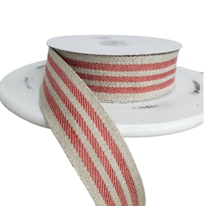 25724W-756-09H 1.5&quot;x20YD Candystripe Linen Wired Edge Ribbon-Natural/Red,Red striped ribbon,Farmhouse ribbon,ticking stripe ribbon