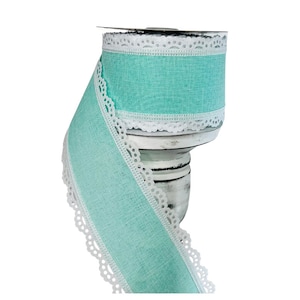 RGA1542AN- 2.5&quot;x10YD Mint Green/White Scalloped Edge Royal Burlap Wired Ribbon,Mint green wired ribbon,2.5 inch wired mint laced ribbon