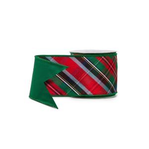 May include: A spool of fabric ribbon featuring a vibrant red, green, and white plaid pattern with diagonal lines. The ribbon has a solid dark green edge and a finished, pointed end, showcasing a woven texture throughout the material.