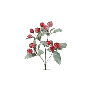 14" Iced Red Berry and Glitter Leaf Pick for Holiday Decor, Winter Crafts, Christmas Arrangements, Frosted Floral Stem-XB652-RG