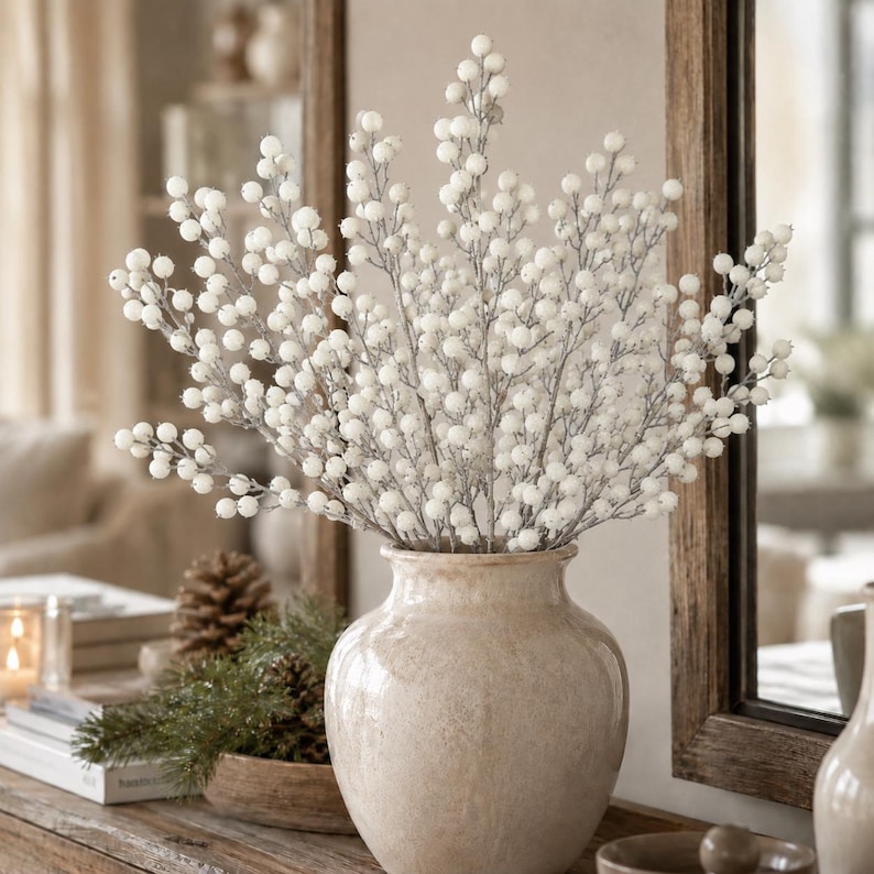 White Berry Spray — Christmas Wreath Supply, Winter Floral Stem, Frosted Berry Pick, 31 Inch-85861WT image 5