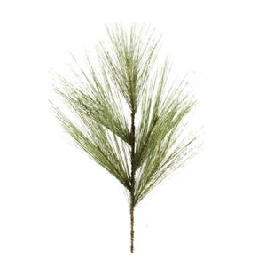 May include: A single artificial pine branch featuring long, slender, sage green needles attached to a central brown stem. The foliage is arranged in a fan-like pattern, with the needles extending outward from the main stalk in a realistic manner.