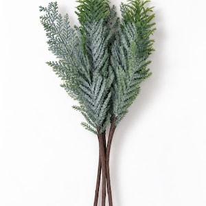 May include: A bundle of three artificial cedar branches featuring textured, needle-like foliage in shades of muted sage green and dusty blue-green. Each branch has a sturdy, brown, bark-textured stem that converges at the base, creating a vertical arrangement.