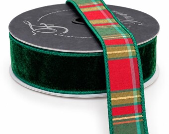 Farrisilk 1.5" Emerald Red Gold Plaid Plush Velvet Wired Ribbon-RM004-06