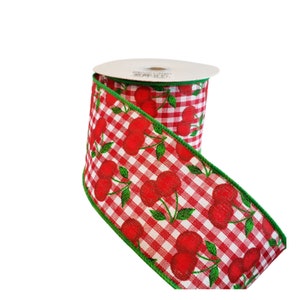 RGA165056-2.5&quot;x10YD Cherries on Gingham Check-Red/White/Green,Wreath Supplies,Craft Supplies,Spring ribbon,Summer Ribbon,Cherry Ribbon