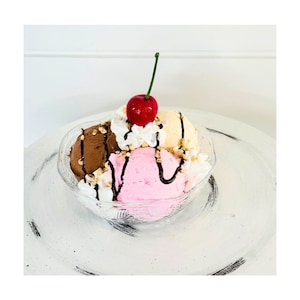 One Fake Ice Cream Brownie Sundae,Faux Ice Cream Bowl,Coffee Bar decor,Tiered Tray decorations,Fake food props,Faux Neapolitan Ice Cream