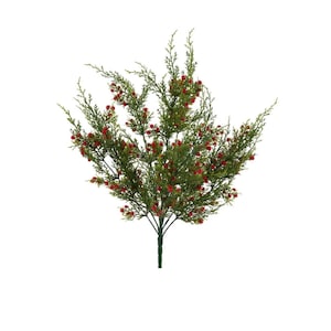 May include: A decorative artificial plant stem featuring dense, dark green needle-like foliage and numerous small, round, bright red berries distributed throughout the branches. The stem is dark green and tapers to a single point at the base.