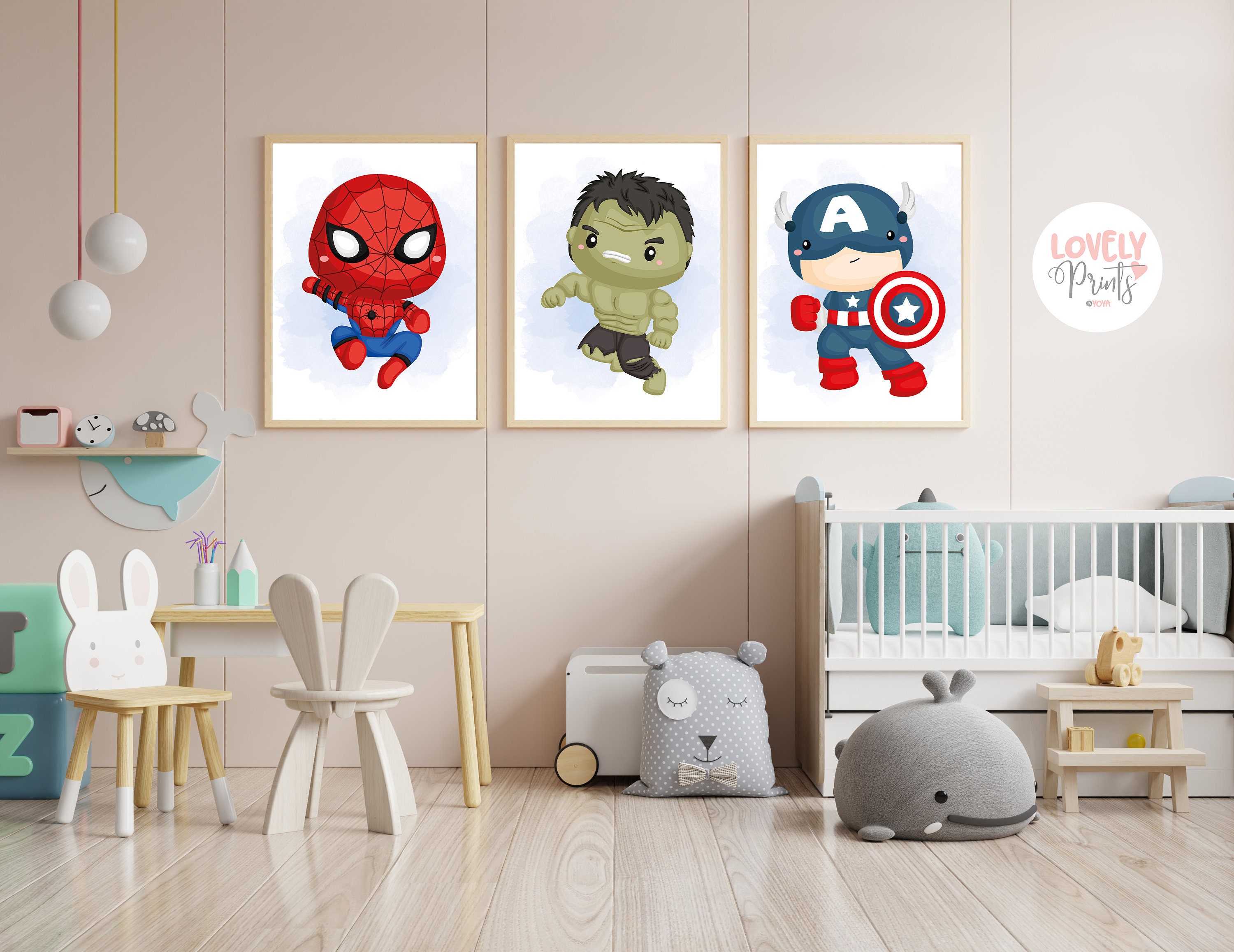 Set 3 superhero marvel nursery art superhero captain america Etsy