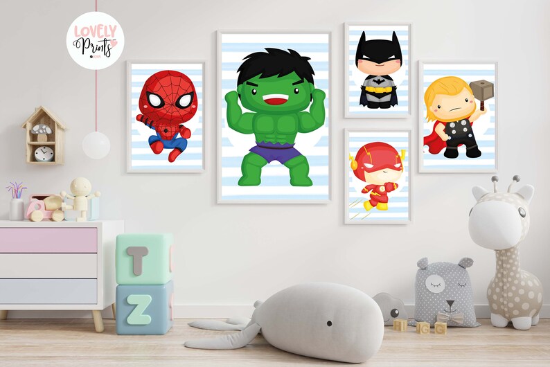 Set 5 superhero marvel nursery wall art superhero nursery | Etsy