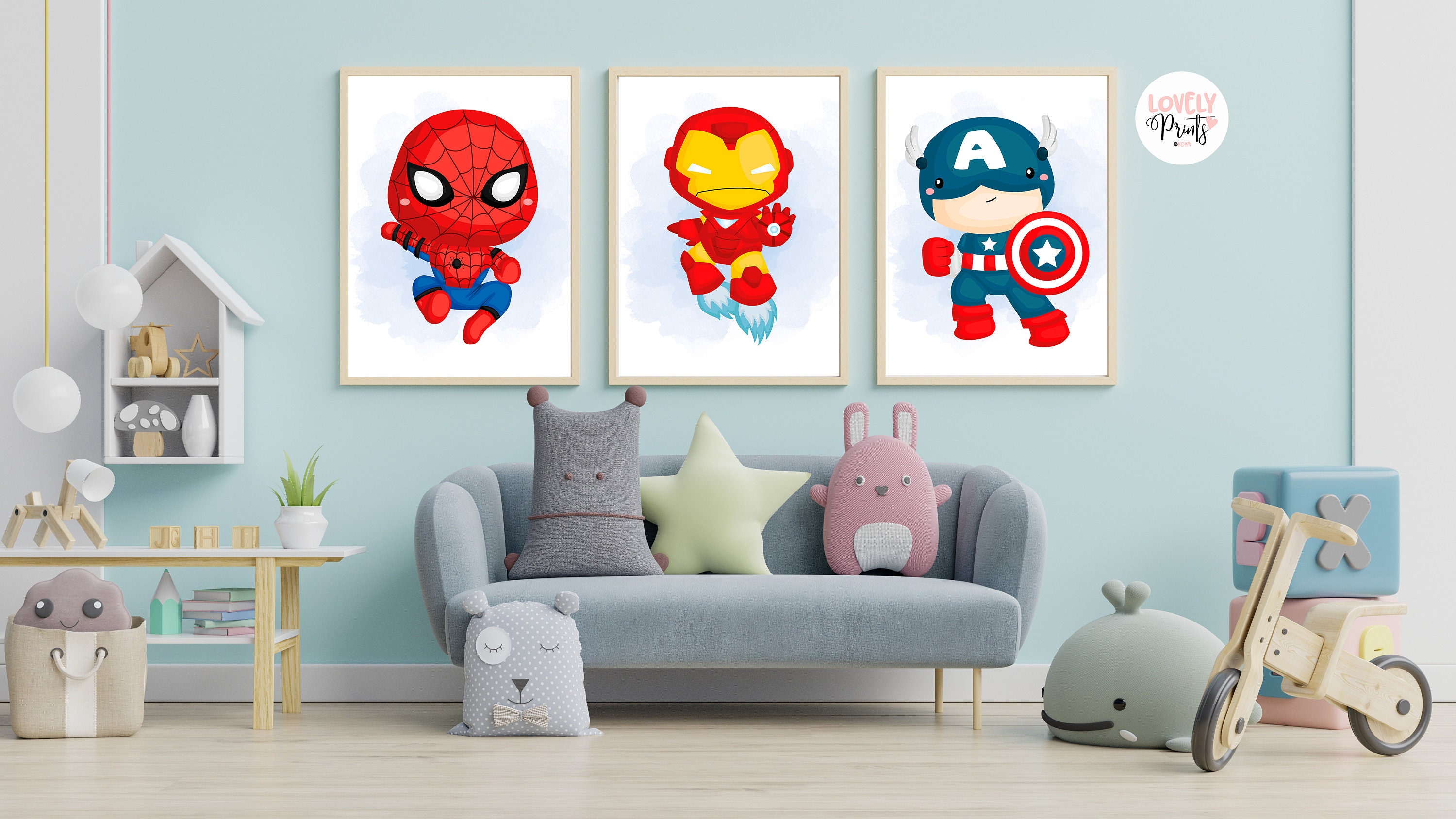 Set 3 superhero marvel nursery wall art superhero captain | Etsy
