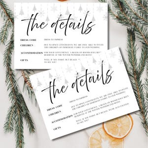 Cartão com detalhes de casamento no inverno, Preto e Branco, Design minimalista de inverno, download digital instantâneo, Canva, cartão com detalhes de casamento simples, Faça você mesmo