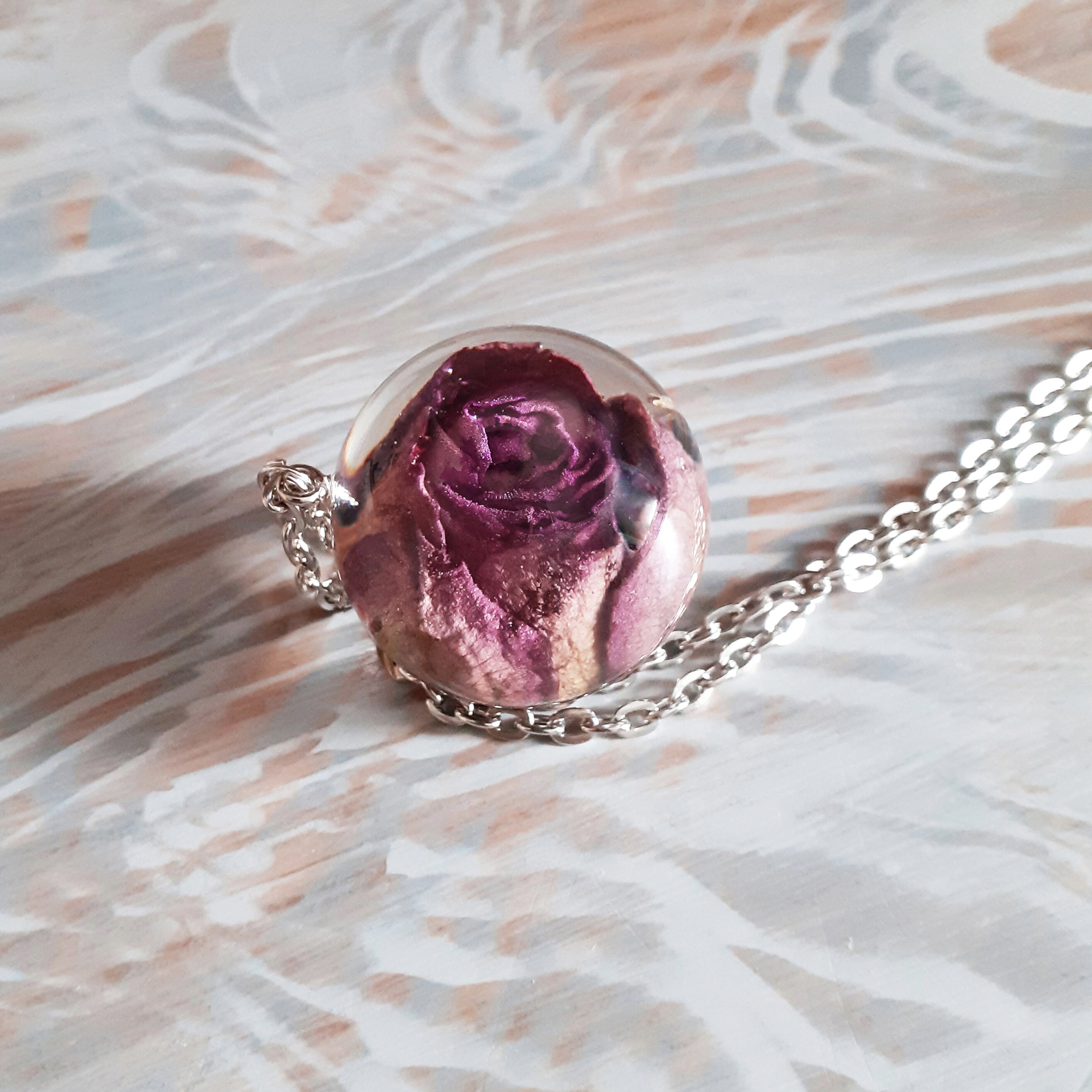 Real Rose Necklace Resin Sphere Necklace Real Rose Pendant Etsy
