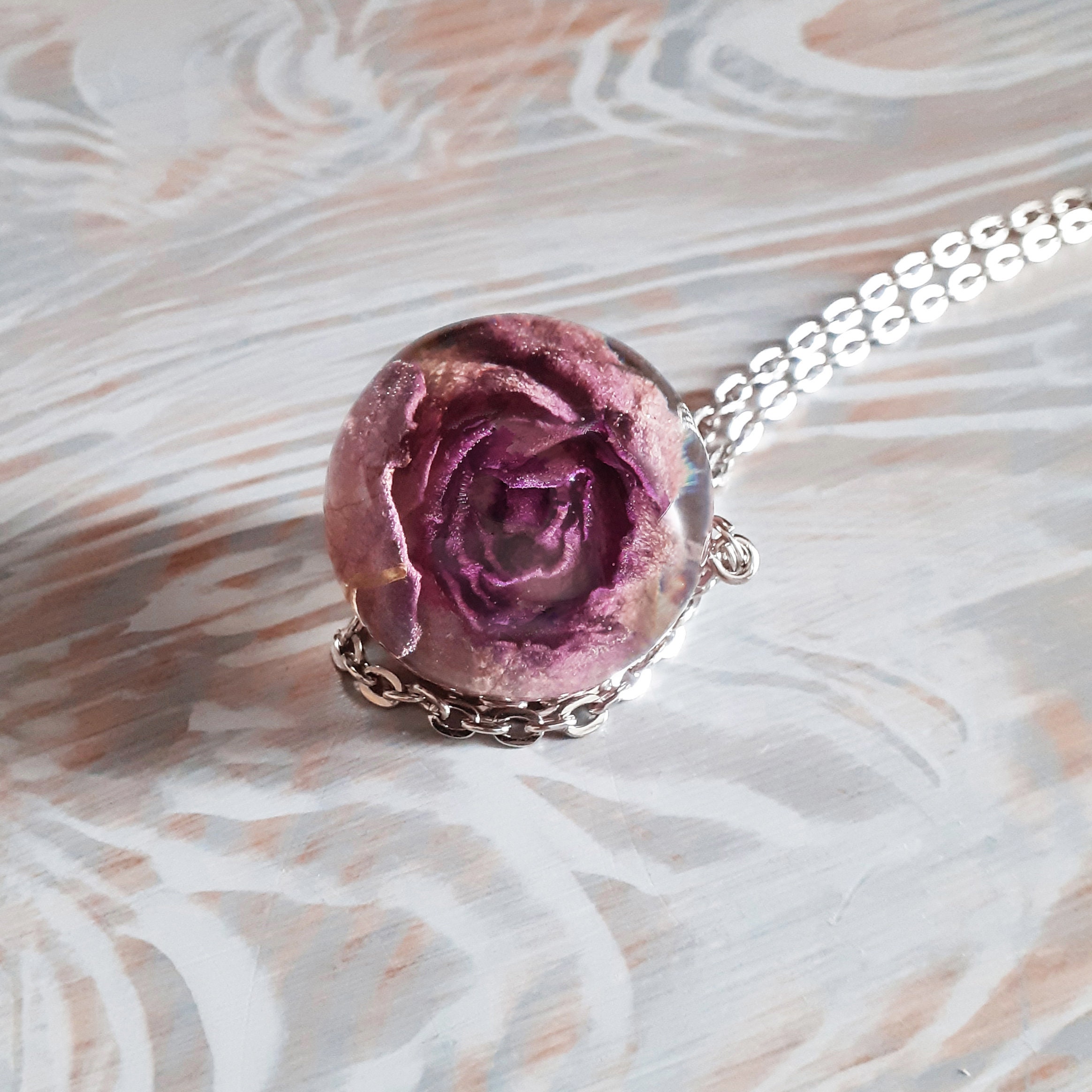 Real Rose Necklace Resin Sphere Necklace Real Rose Pendant Etsy