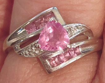 Pink sapphire and diamond  solid 10k white gold ring, october birthday, birthday, Christmas, Engagement, Valentine gift for her