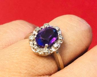 14K Solid White Gold Vintage Amethyst Diamond Ring, gift for her, birthday, engagement, wedding, Christmas, Valentine, February birth stone