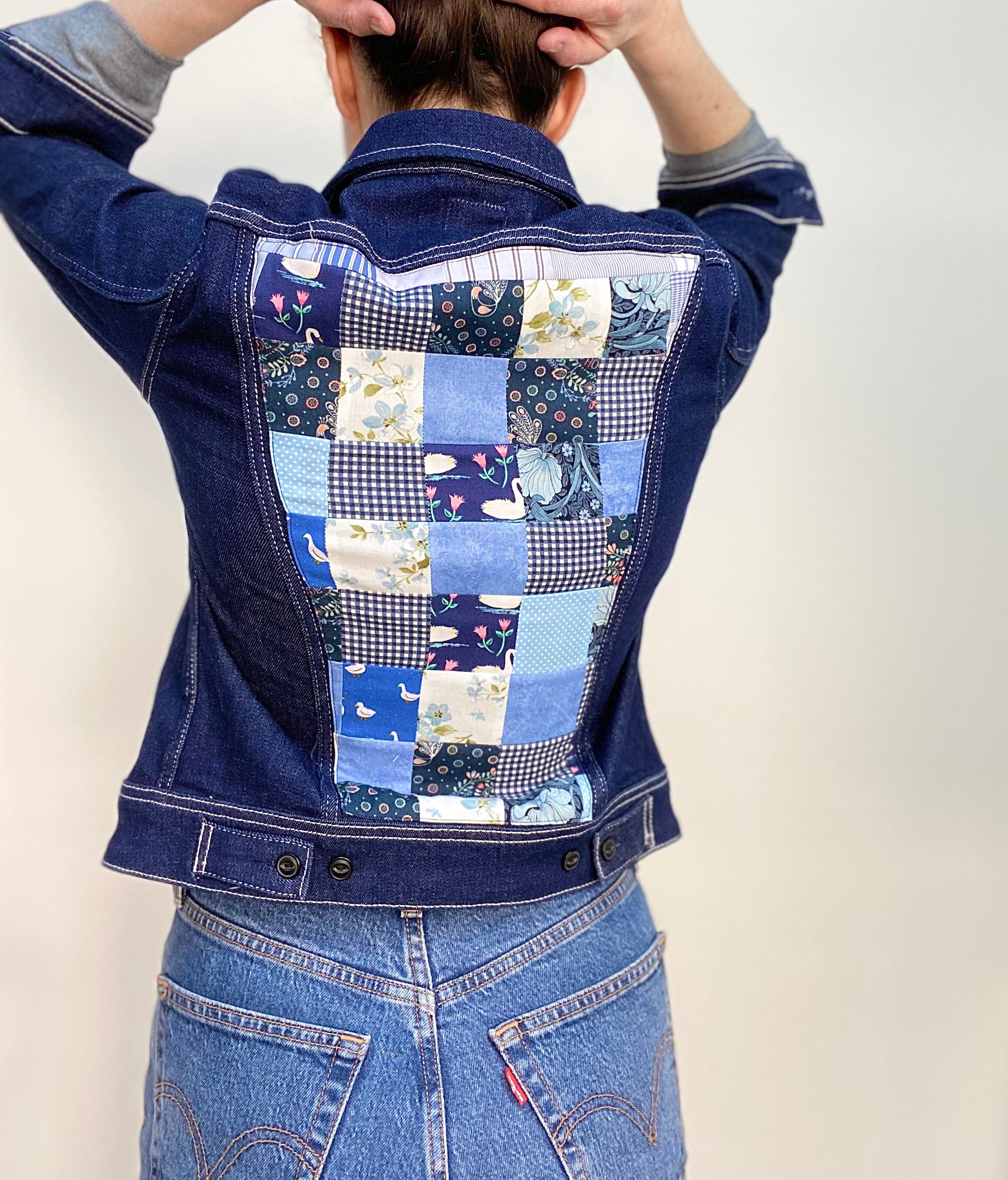 Denim jacket with hand stitched patchwork panels UK 68 Etsy