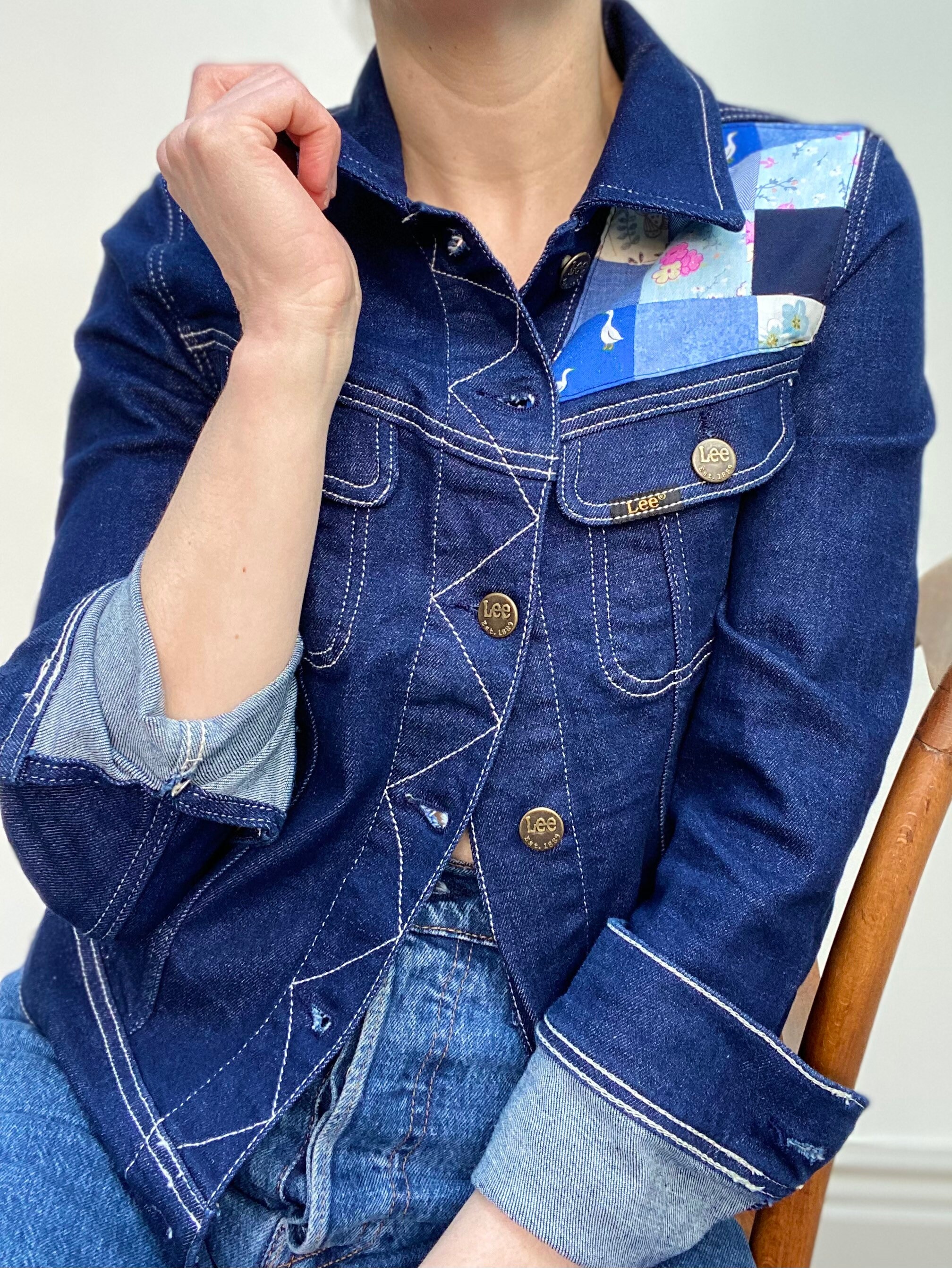 Denim jacket with hand stitched patchwork panels UK 68 Etsy