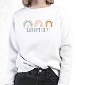 teach love repeat sweater| rainbow sweatshirt | rainbow boho tee | rainbow teacher tee | teacher love shirt | vipkid shirt | qkids tee |