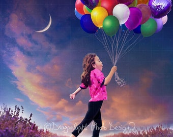 Up & Away Balloon - 3 Item Bundle (2 Backgrounds + 1 Overlay) | Balloon | Sunset | Lavender Fields | Digital Background Instant Download