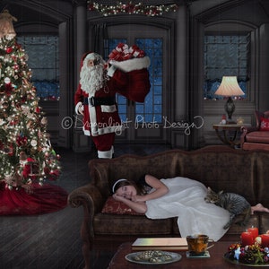 May include: Santa Claus carrying a red bag full of presents walks into a room with a decorated Christmas tree and a girl sleeping on a couch with a cat.