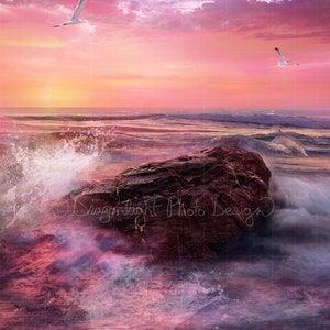 Mermaid Rock Sunset with Splash Mermaid Ocean Mermaid Digital Background Mermaid Digital Backdrop Instant Download image 3