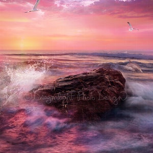 Mermaid Rock Sunset with Splash Mermaid Ocean Mermaid Digital Background Mermaid Digital Backdrop Instant Download image 2