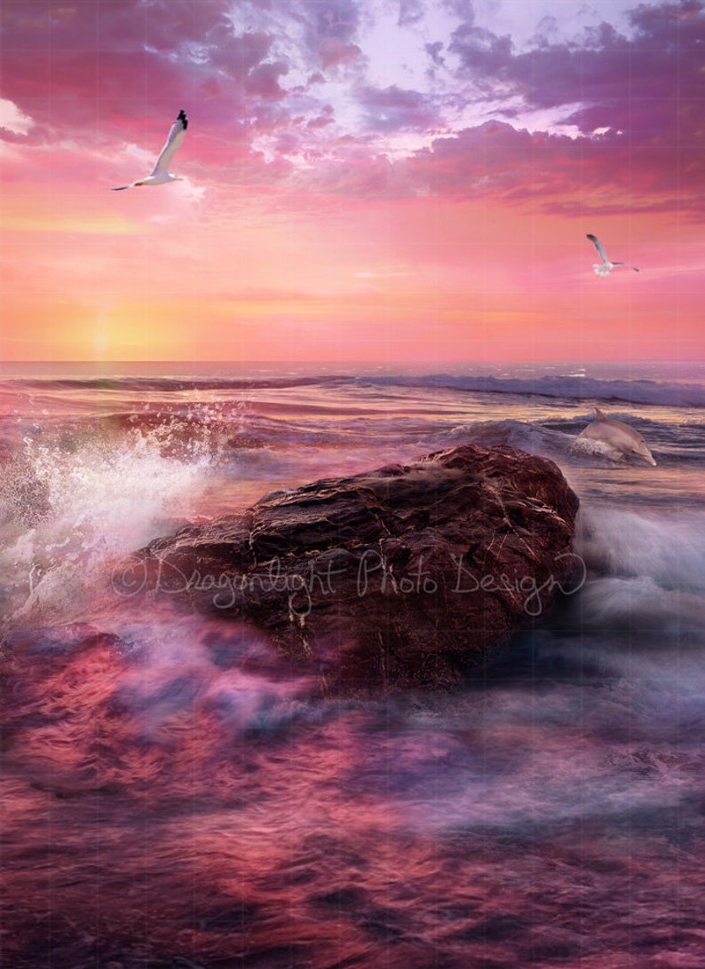 Mermaid Rock Sunset with Splash Mermaid Ocean Mermaid Digital Background Mermaid Digital Backdrop Instant Download image 2