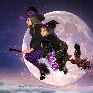 Moonlight Ride - 2 Backgrounds Bundle - Magical Halloween Digital Composite Background Full Moon, Witch’s Broom, Black Cat, Instant Download