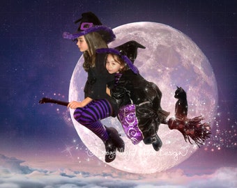 Moonlight Ride - 2 Backgrounds Bundle | Full Moon | Witch's Broomstick | Black Cat | Magical Halloween Digital Background Instant Download